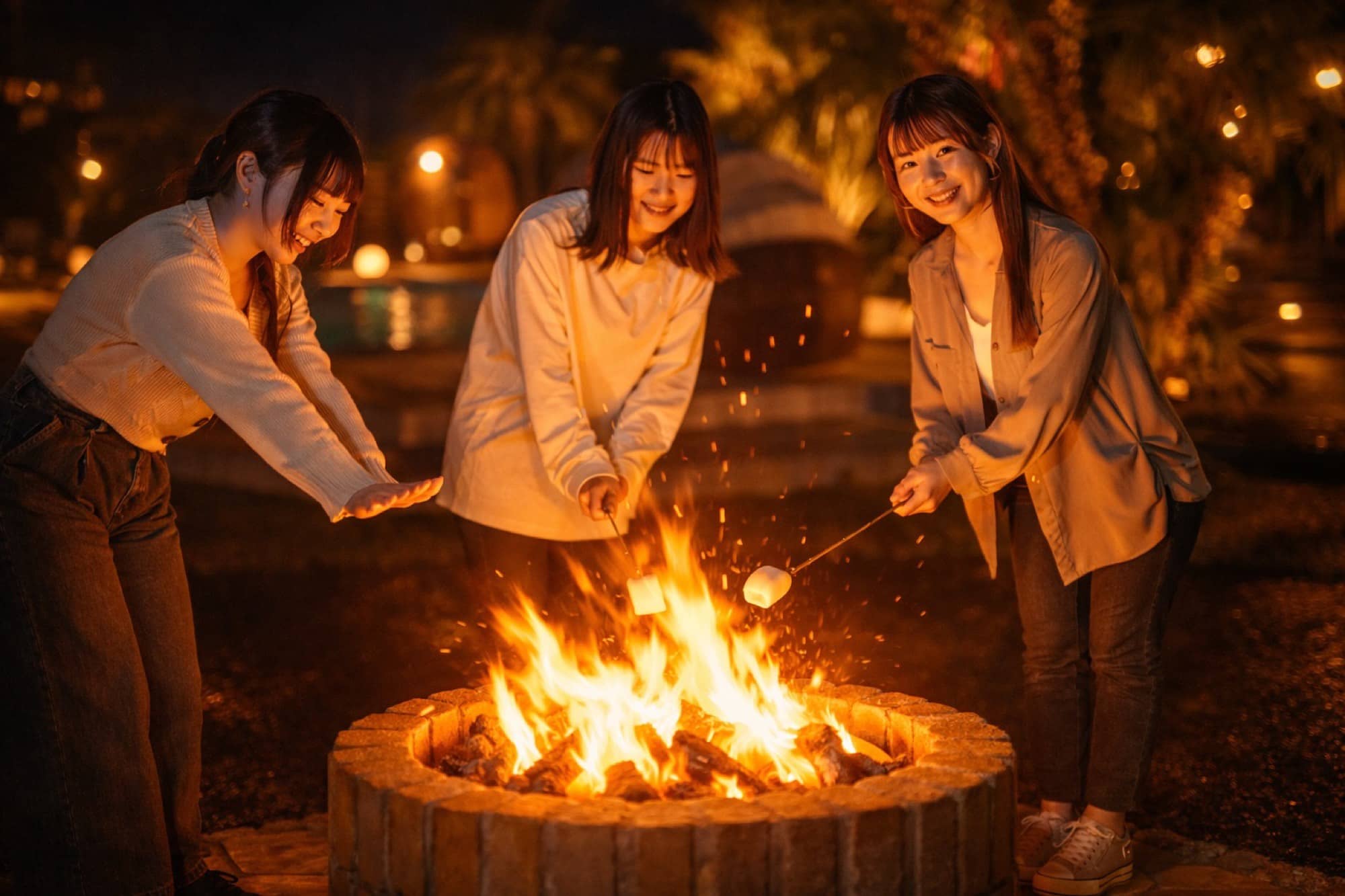 焚き火でマシュマロを焼く友達